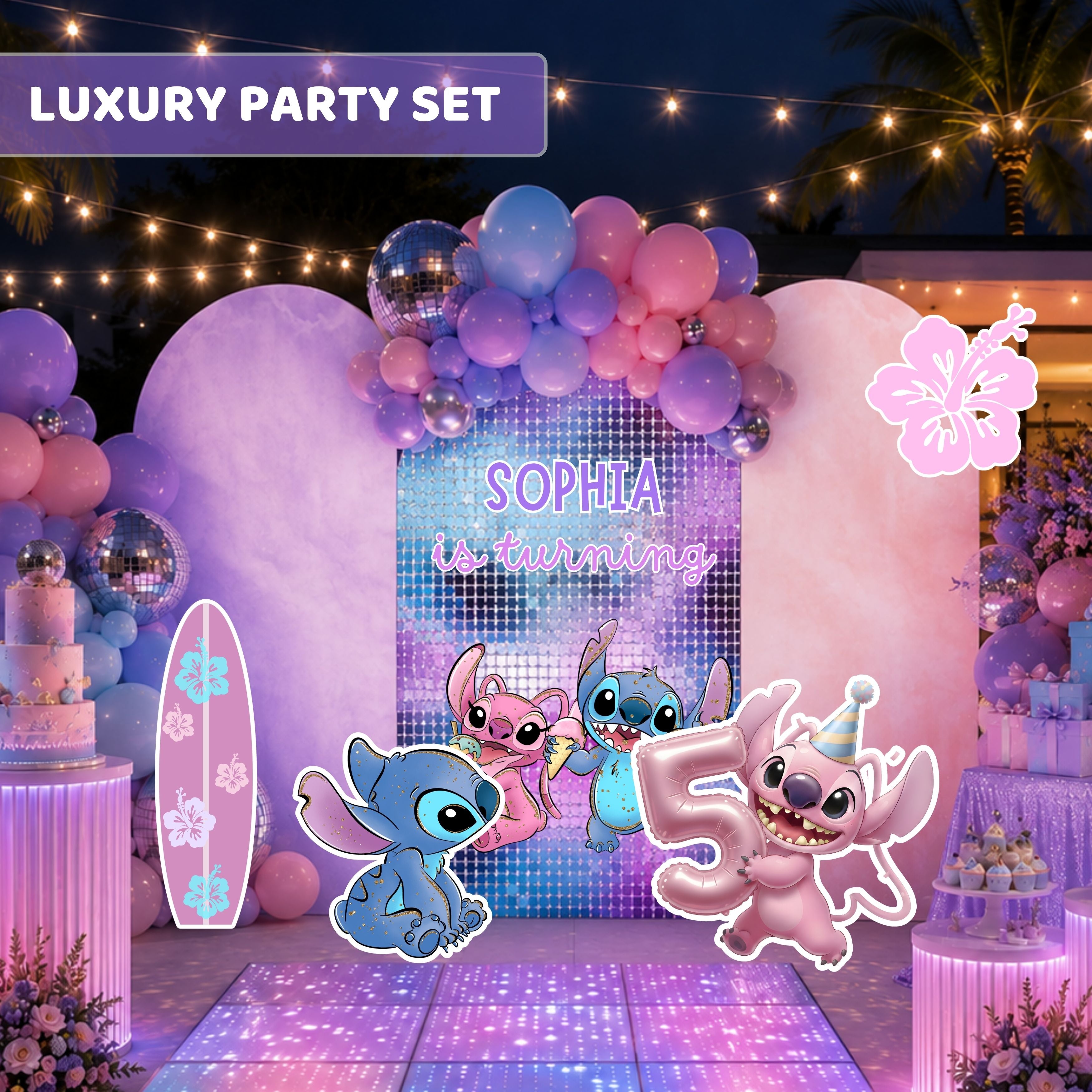 Personalized blue alien birthday backdrop and cutouts with purple pink and blue balloons, tropical details and luxury kids party decor