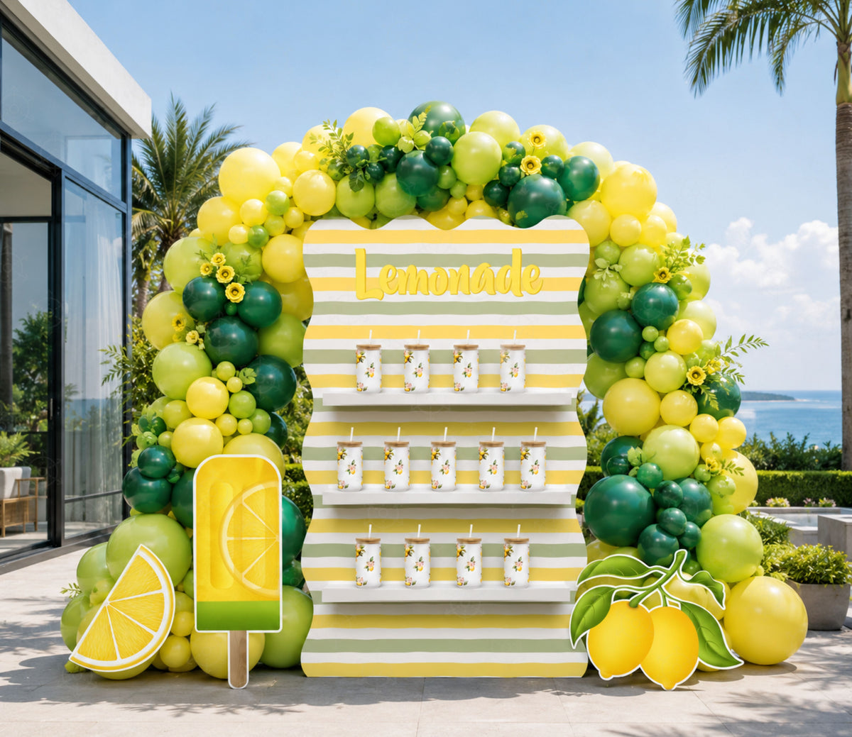 Yellow and green lemon party backdrop with citrus balloon arch and coordinated celebration decor