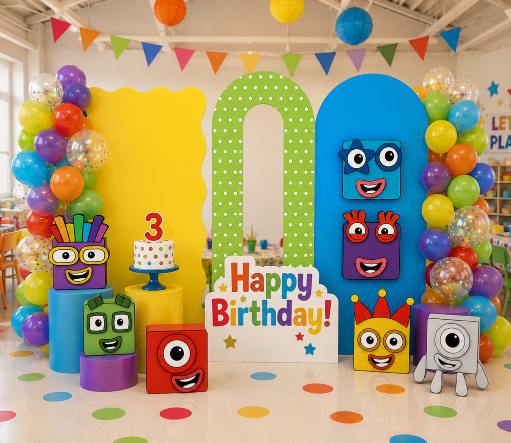 Numberblocks birthday party setup with green yellow and blue character backdrops, colorful balloons and personalized celebration decor.