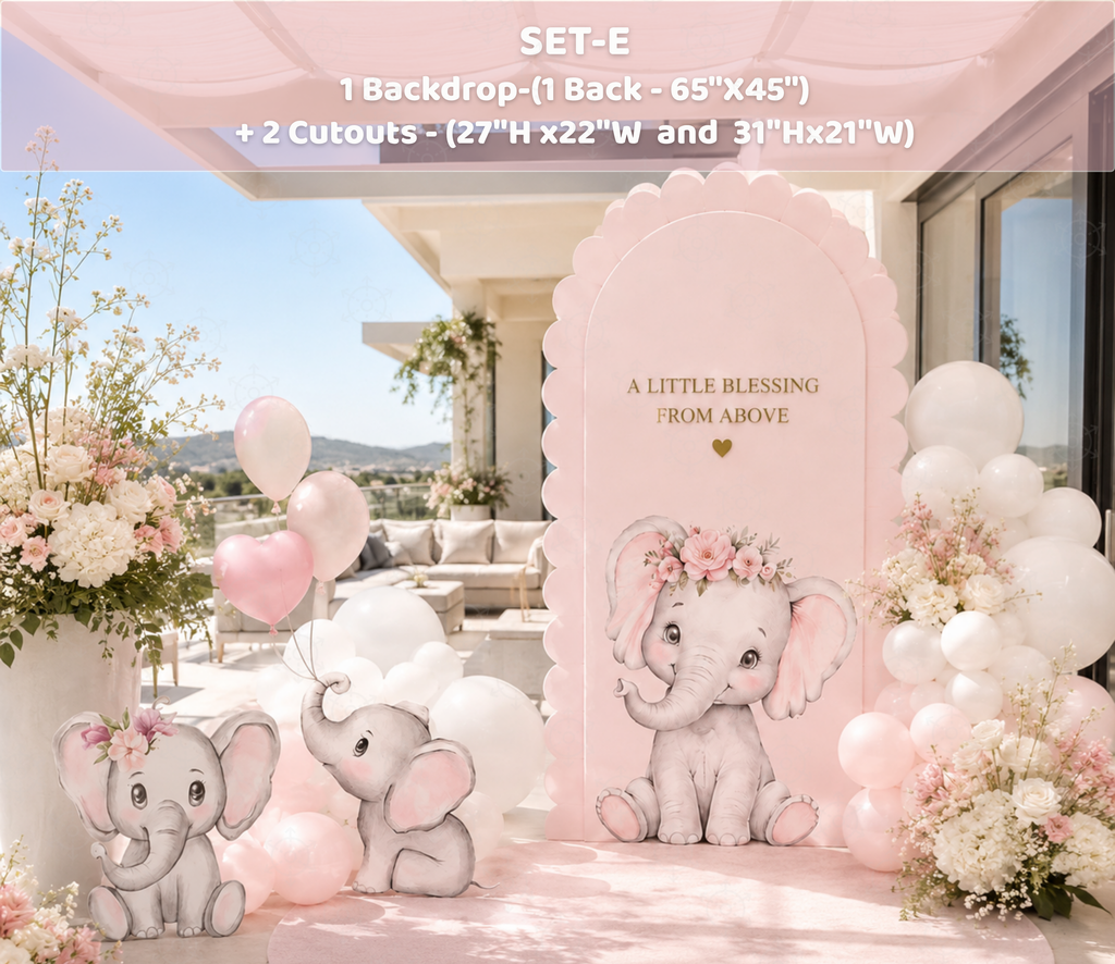 Baby elephant party backdrop and cutouts in soft pink and white for a personalized baby celebration.