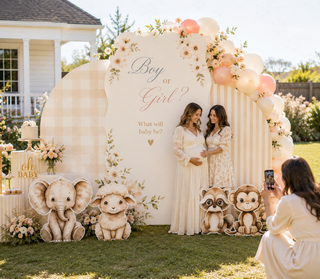 White little animal friends backdrop with soft neutral balloon garland and woodland animal cutouts