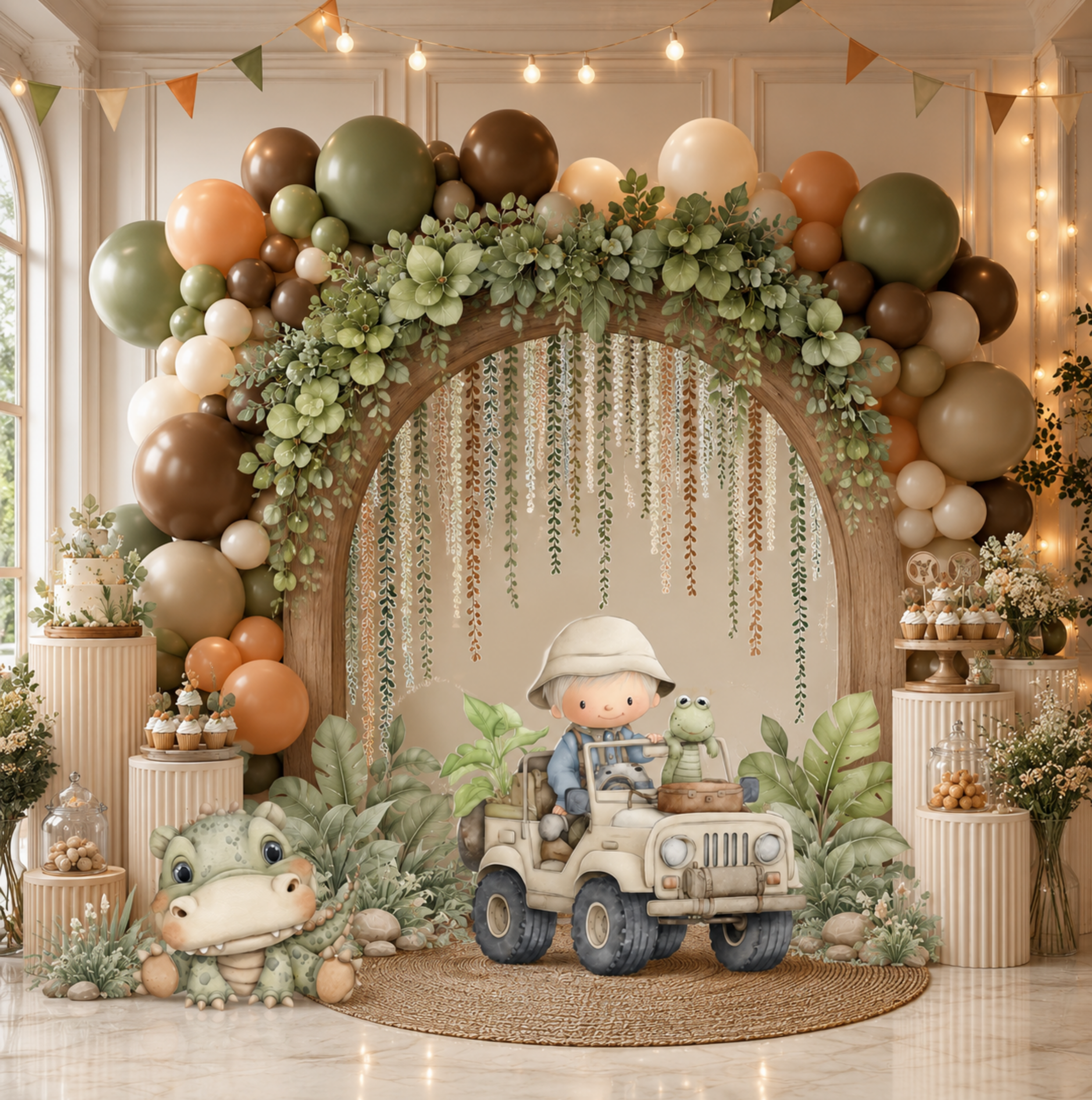 Safari birthday setup with green arch backdrop, balloon garland and baby animal cutouts in a neutral modern party design.