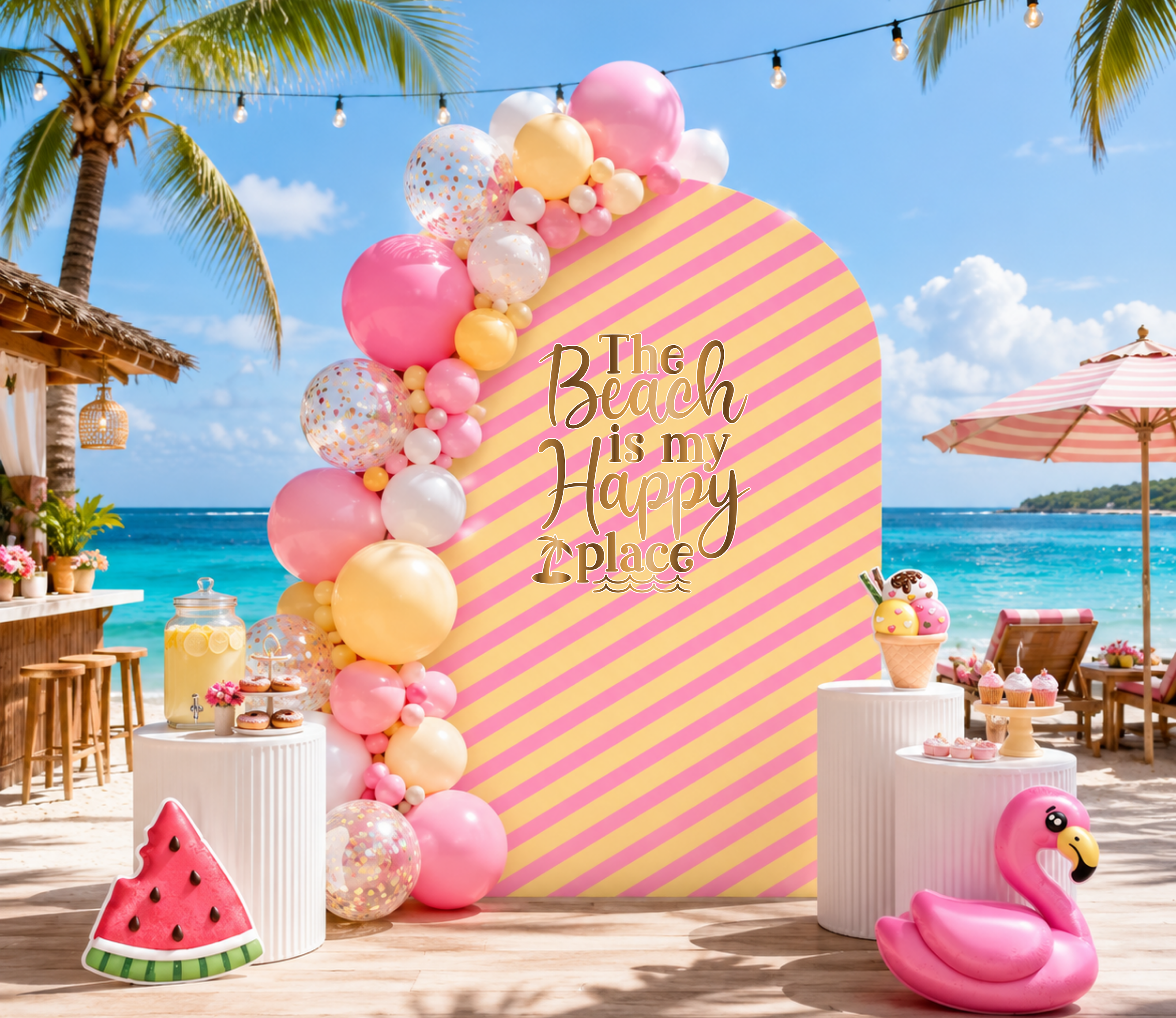 Aqua summer birthday backdrop with personalized name panel, tropical styling and colorful pool party decor for a kids celebration.