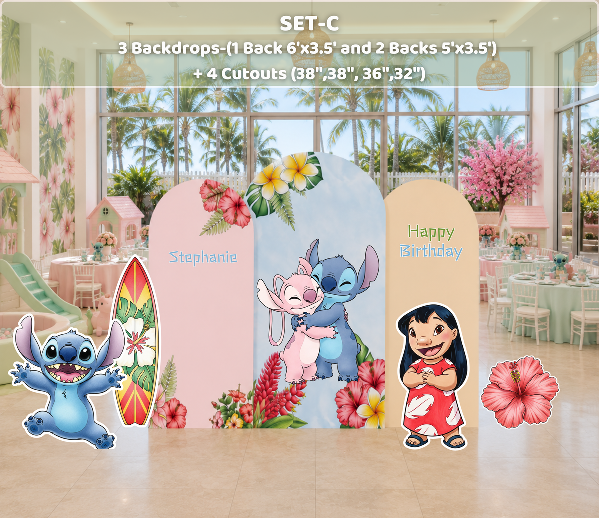 Indoor tropical birthday setup with personalized backdrop panels, Hawaiian character cutouts and soft pastel floral party decorations.