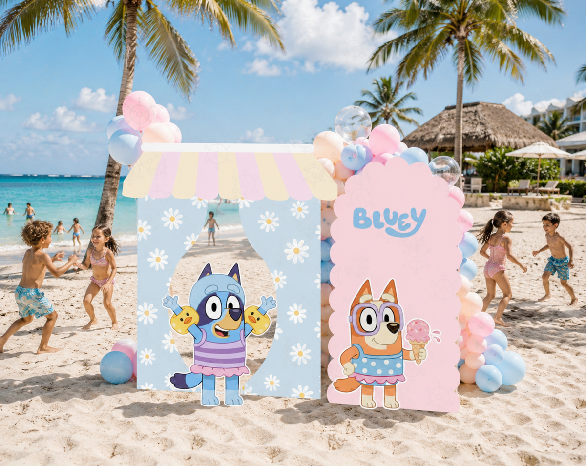 Blue puppy summer birthday backdrop with pastel panel set, character cutouts and sunny outdoor party decor.