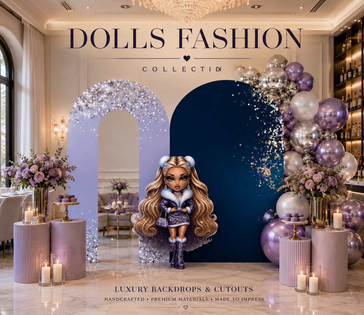 Custom Glam Fashion Doll Birthday Backdrop & Cutouts | Personalized Girly Party Decorations