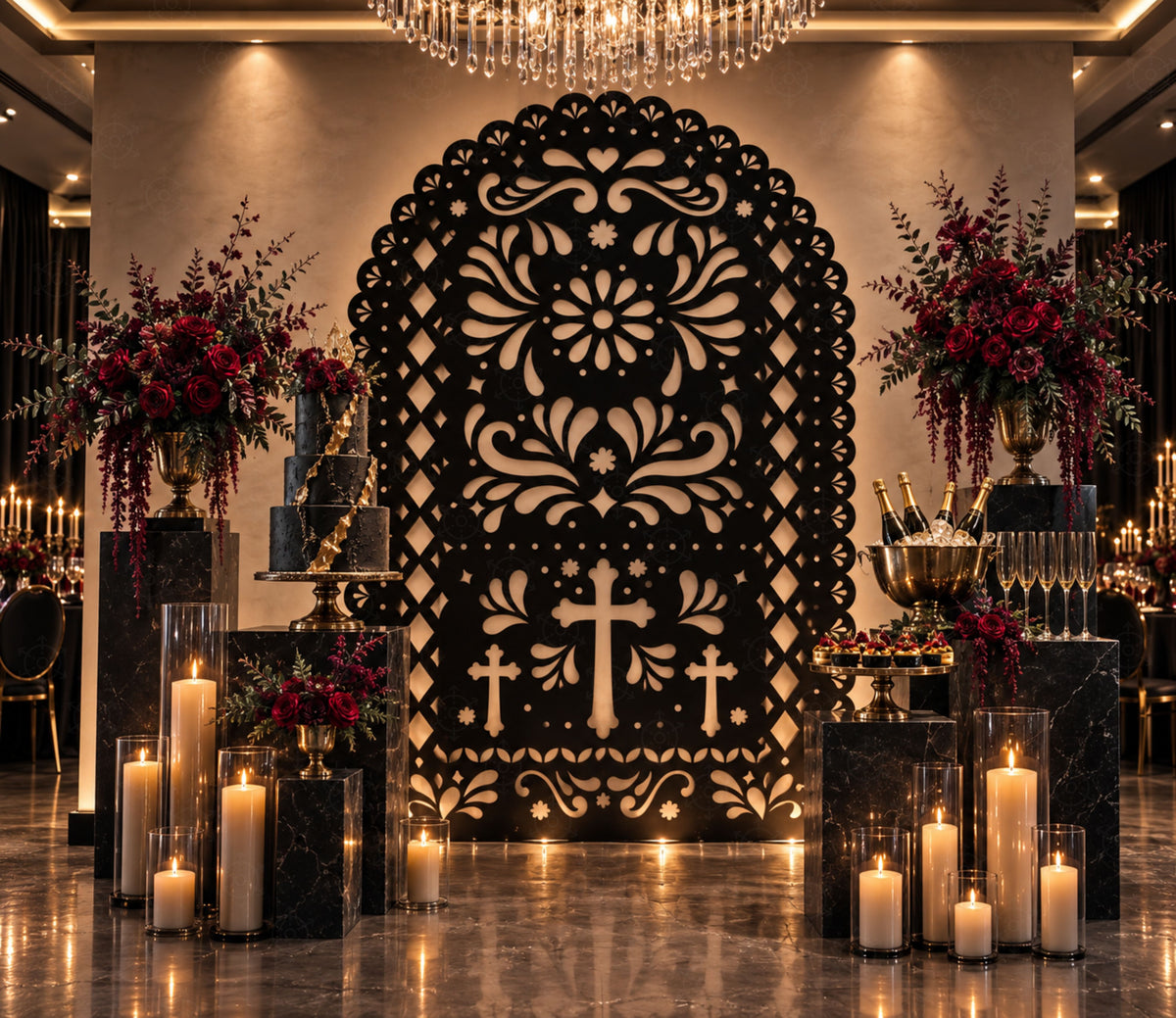 Black religious papel picado backdrop with cross design for elegant faith celebration