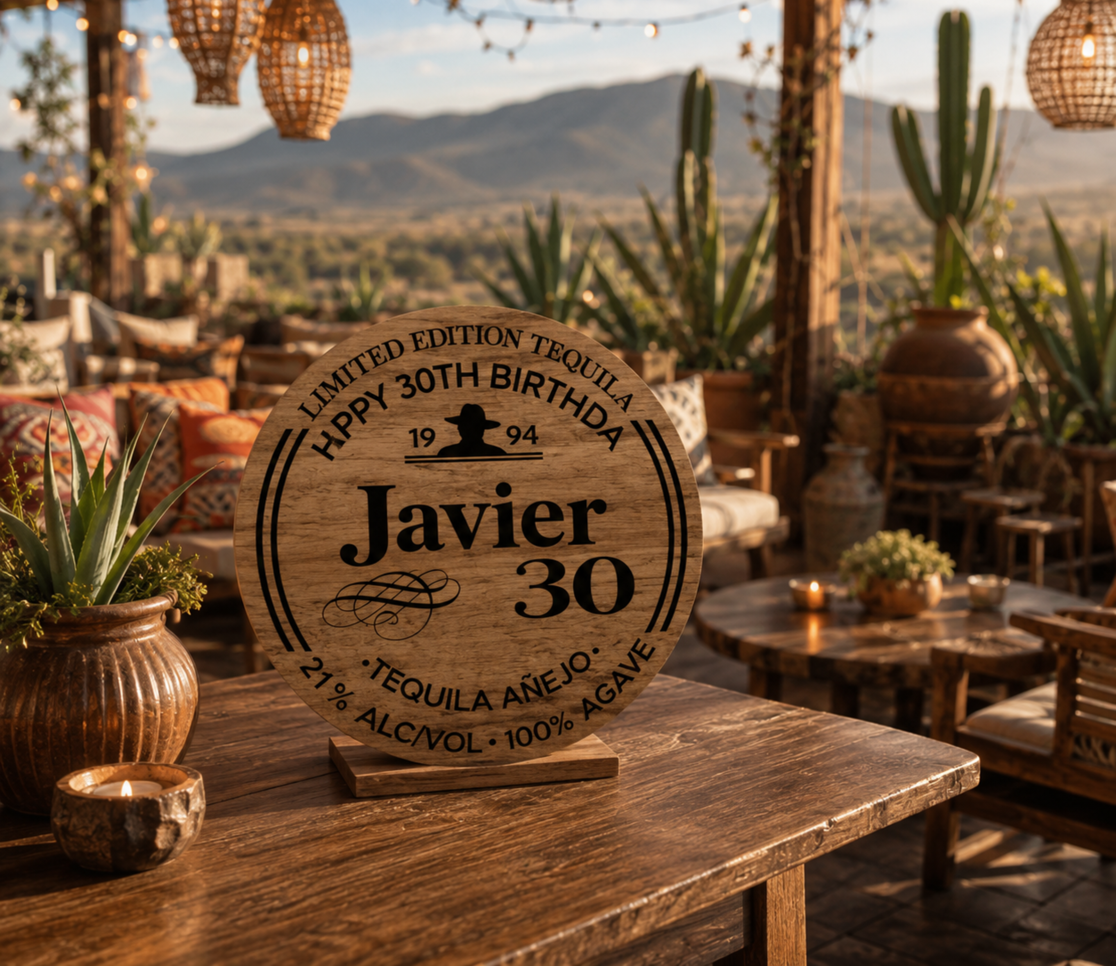 Rustic personalized tequila bar sign with custom birthday name displayed on a wooden table for a Mexican fiesta celebration.