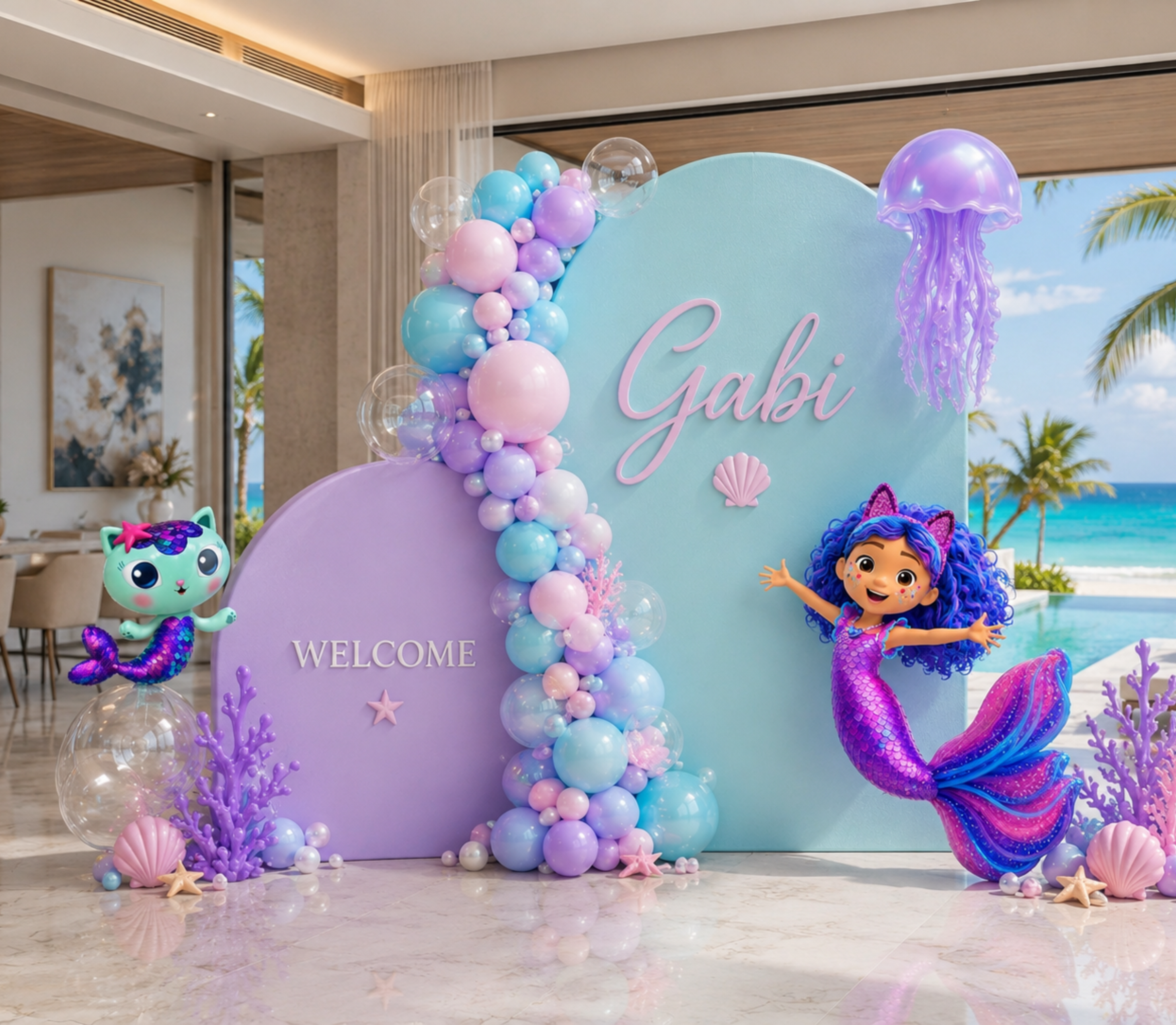 Aqua and lavender Gabby's Dollhouse mermaid backdrop with pastel balloons and mermaid character cutout