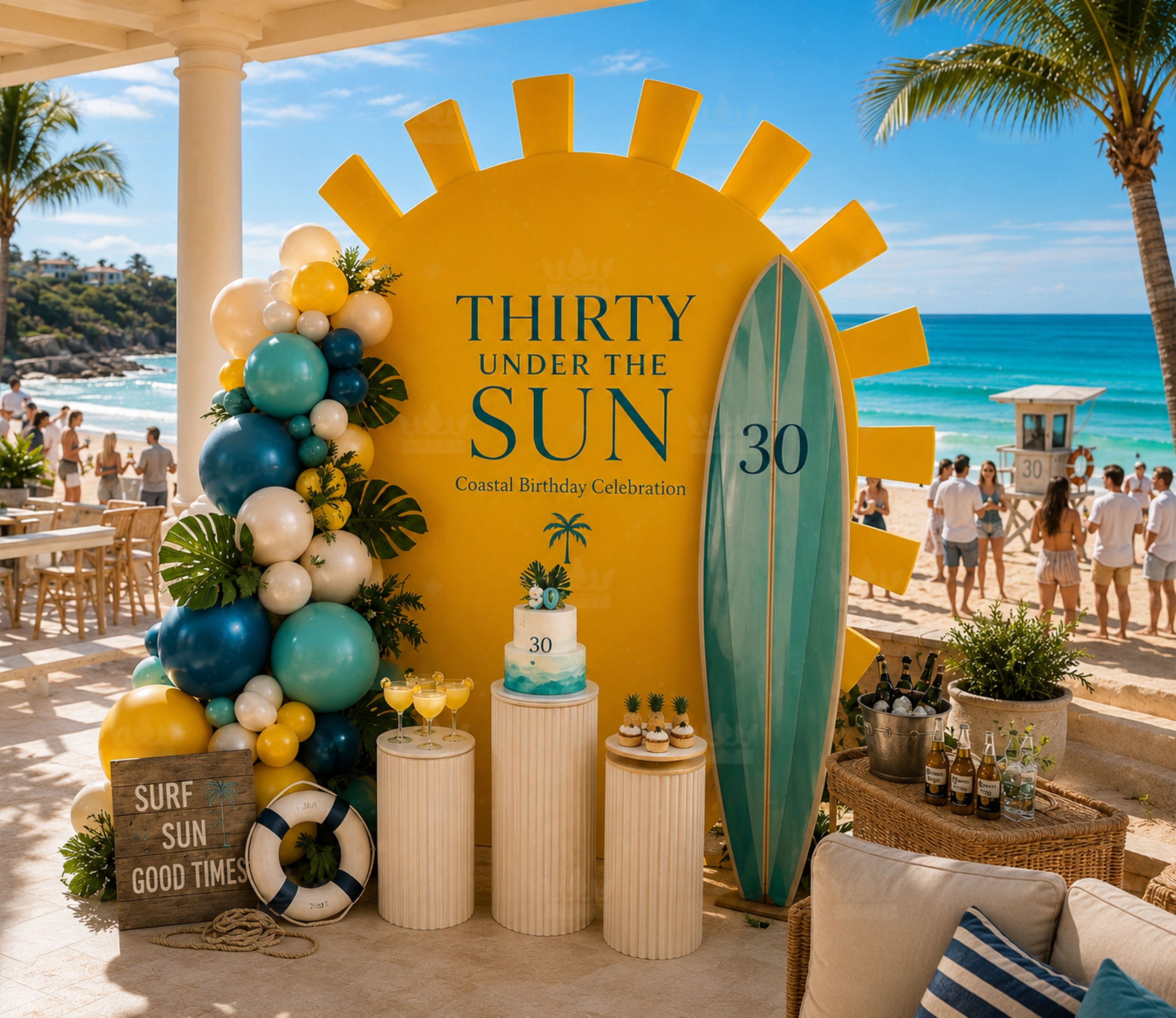 Personalized 30th birthday backdrop with tropical sun design and luxury poolside summer party decor