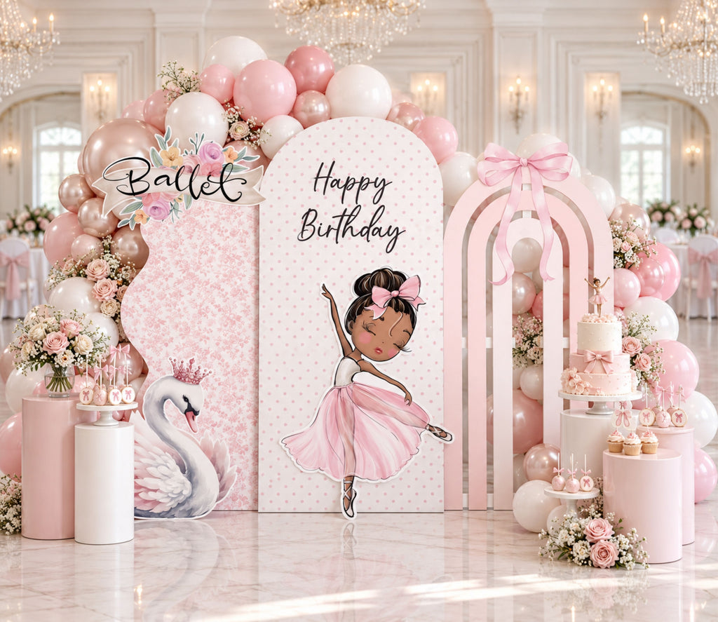 Pink ballet birthday backdrop with personalized name, floral accents and graceful ballerina character details.