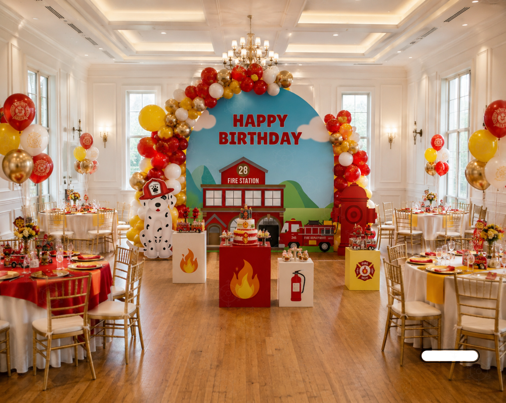 Outdoor fire truck party decorations with a red backdrop panel, balloon garland, fire truck cutout and personalized birthday sign in a garden setting.