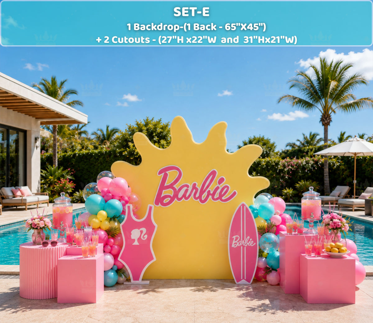 Tropical summer birthday backdrop with pink party decorations and coordinating character cutouts