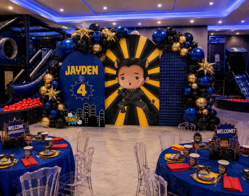 Superhero First Birthday Backdrop & Cutouts | Personalized Comic City Party Decorations