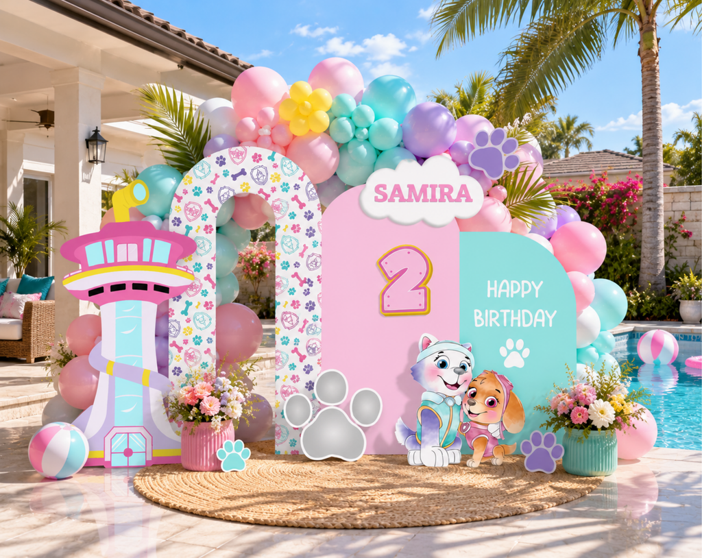 Pastel puppy birthday party display with personalized backdrop panels, shelves and playful rescue themed decorations.