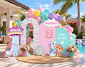 Pastel puppy birthday party display with personalized backdrop panels, shelves and playful rescue themed decorations.