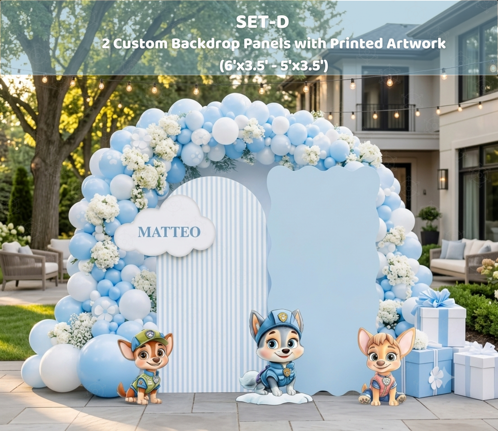 Blue puppy birthday backdrop with matching character cutouts and balloon decorations