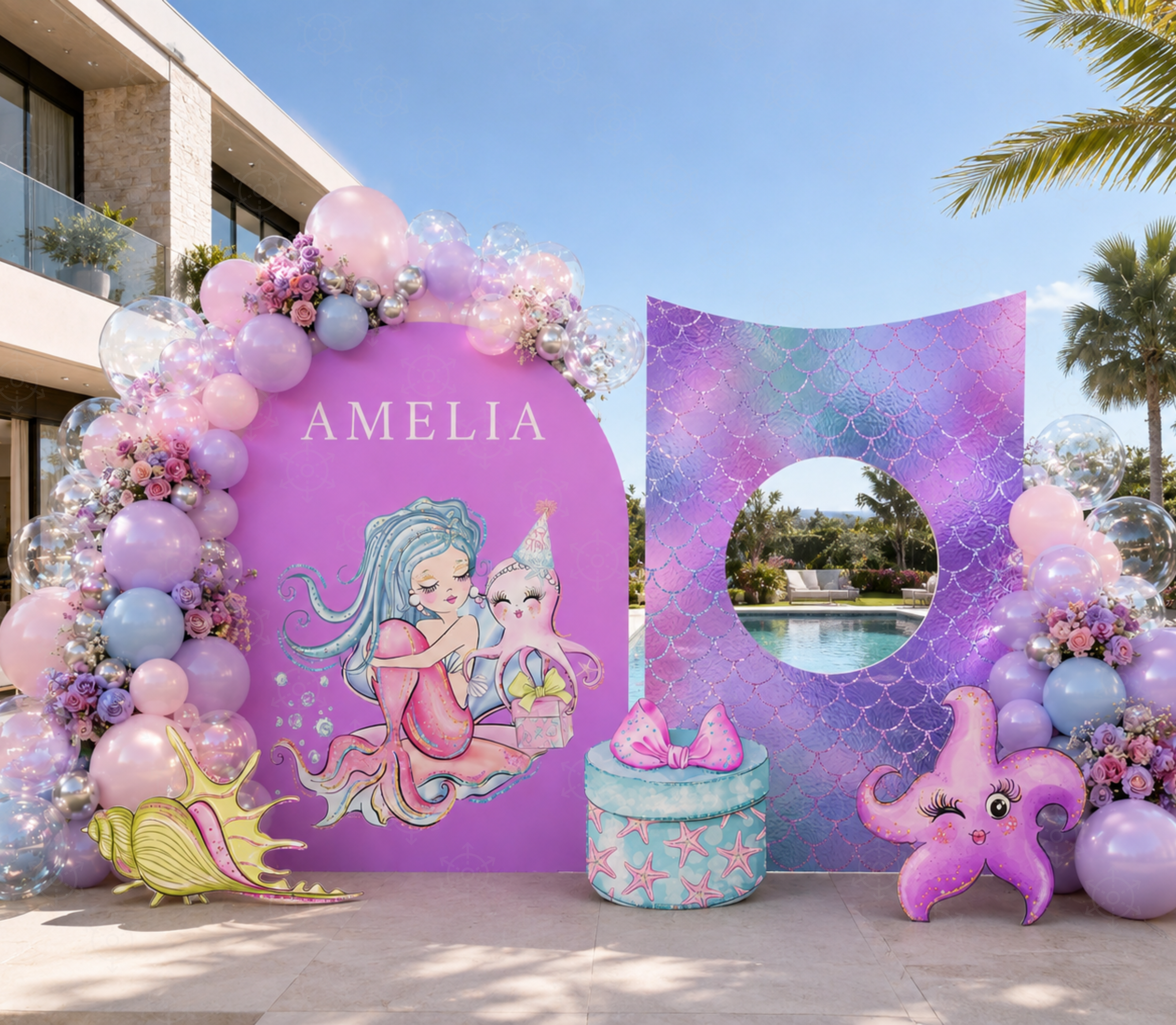 Purple mermaid party backdrop with tropical ocean details, pastel character cutouts and personalized birthday decorations.