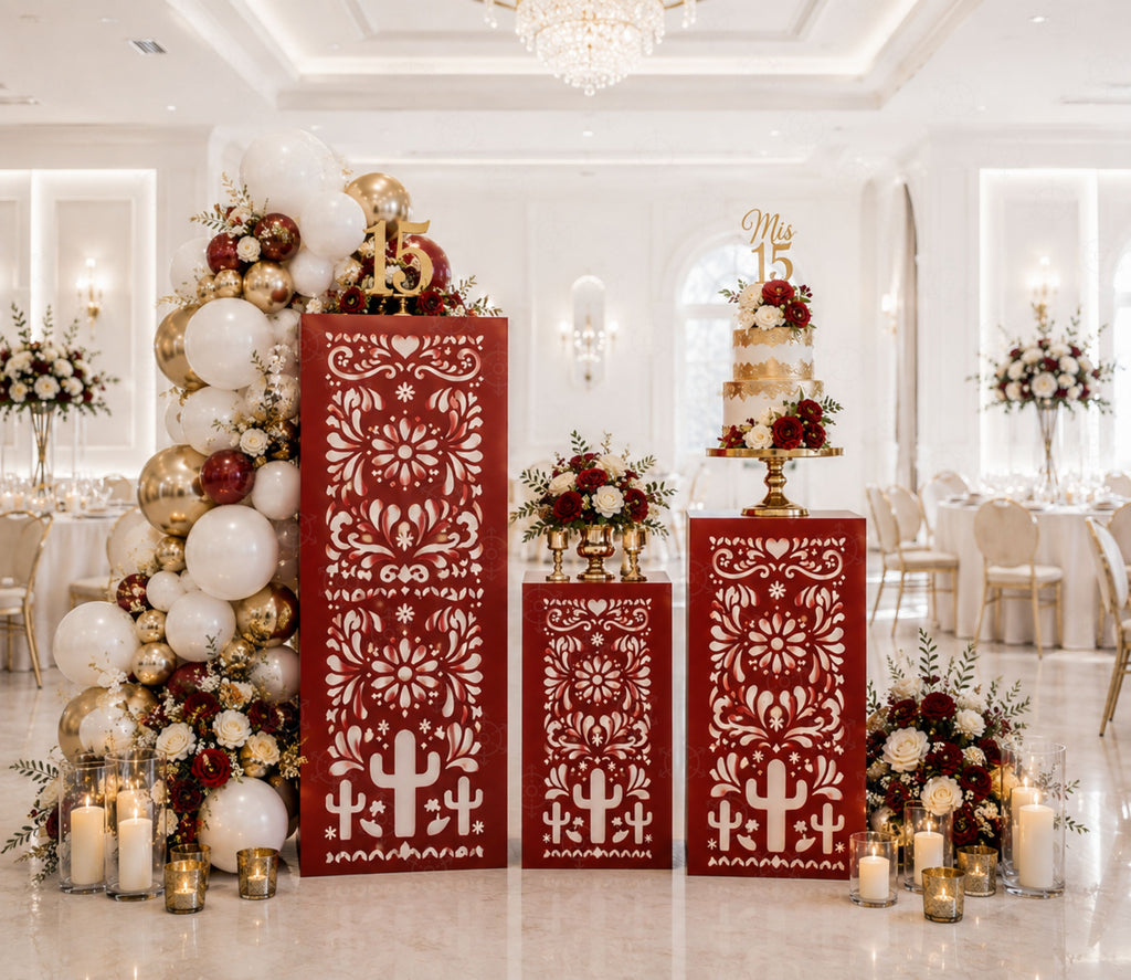 Burgundy Papel Picado pedestal set with matching Mexican-inspired cutout details