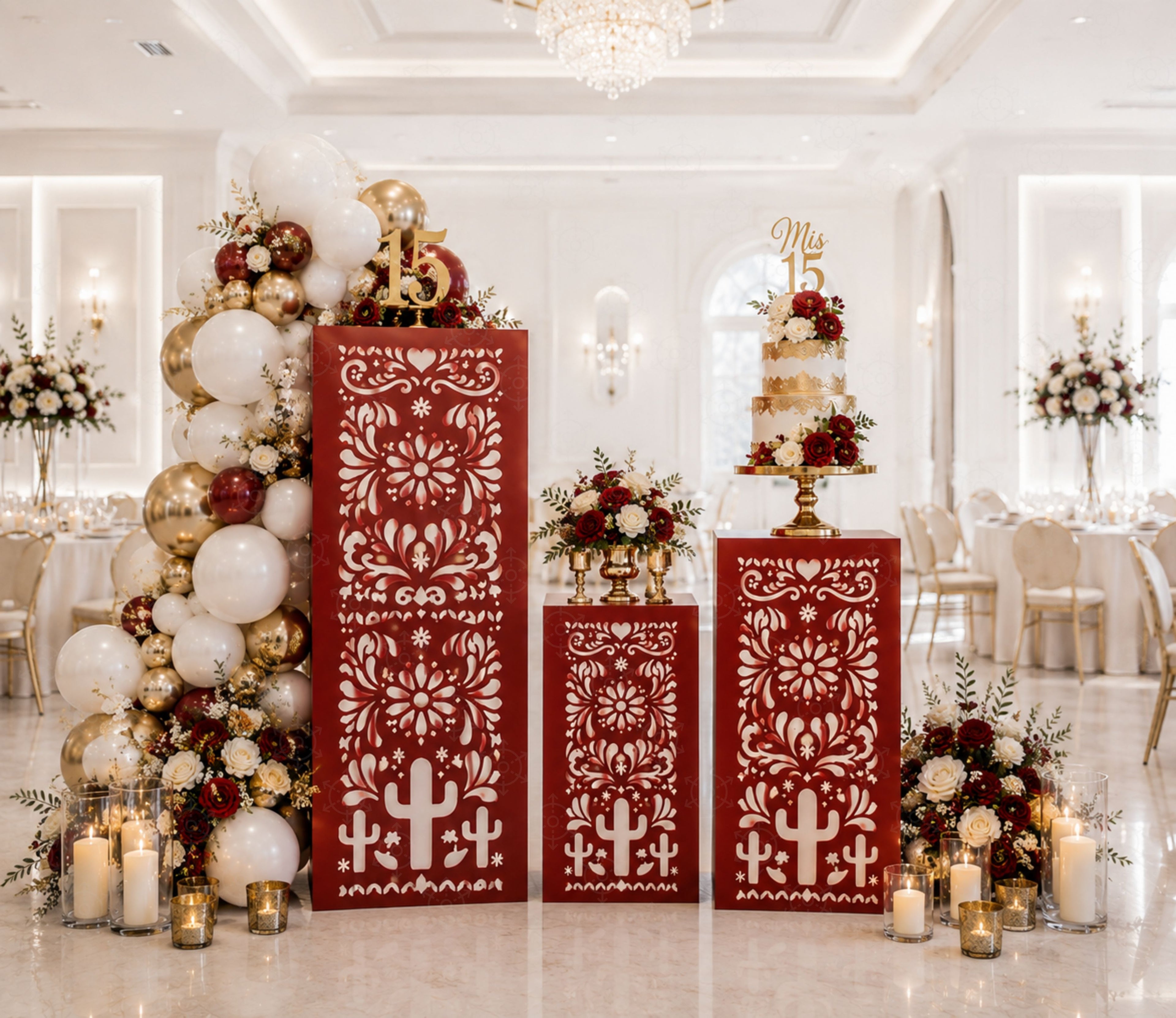 Burgundy Papel Picado pedestal set with matching Mexican-inspired cutout details
