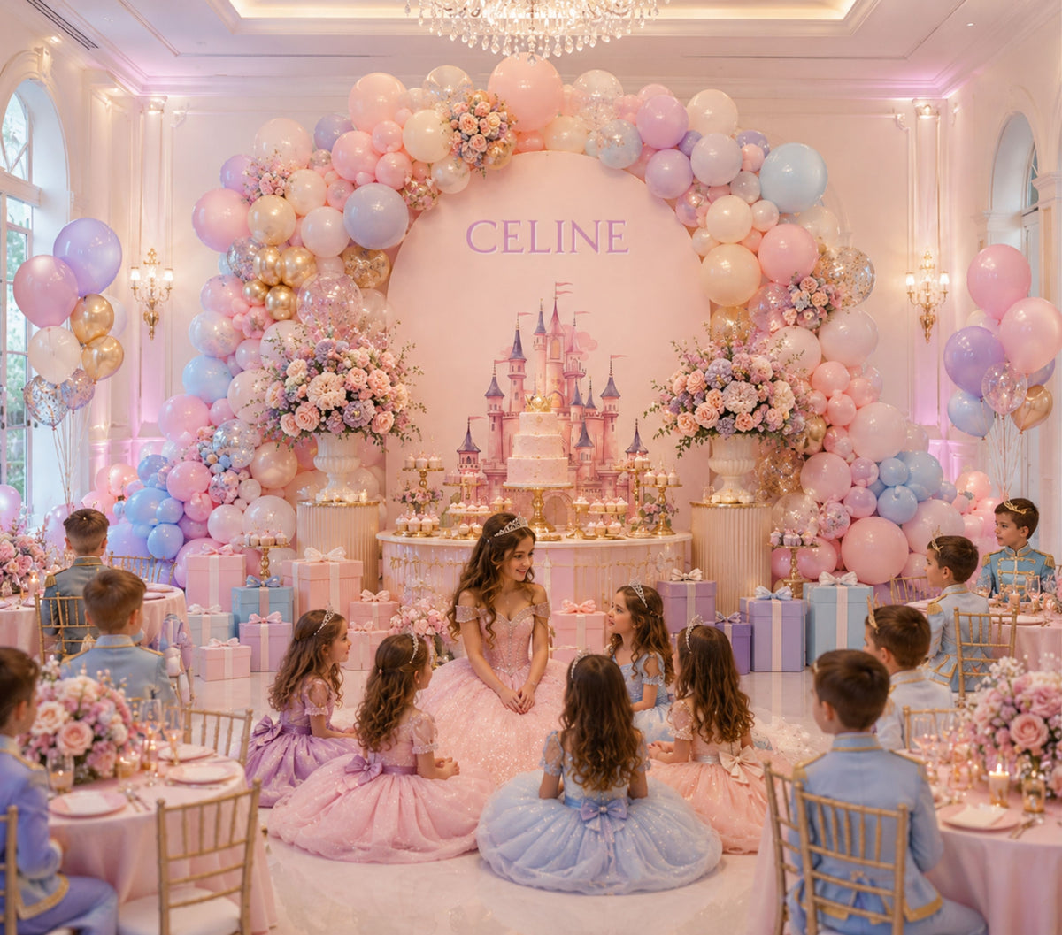 Princess cutout options chart featuring multiple princess character designs for custom birthday backdrop and yard sign sets.