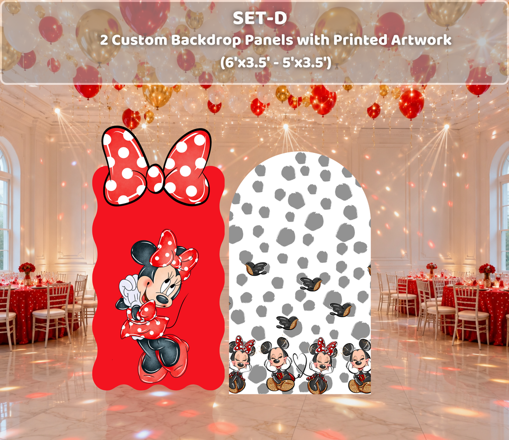 Red and white classic mouse birthday backdrop set with polka dot panel and bow themed party decorations
