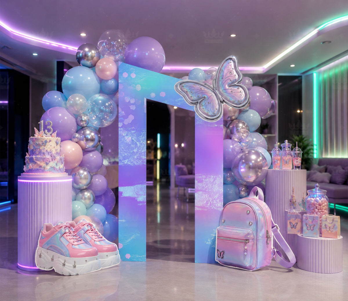 Neon teen birthday photo booth setup with purple and blue lighting, colorful backdrop panels and modern girls party decorations.