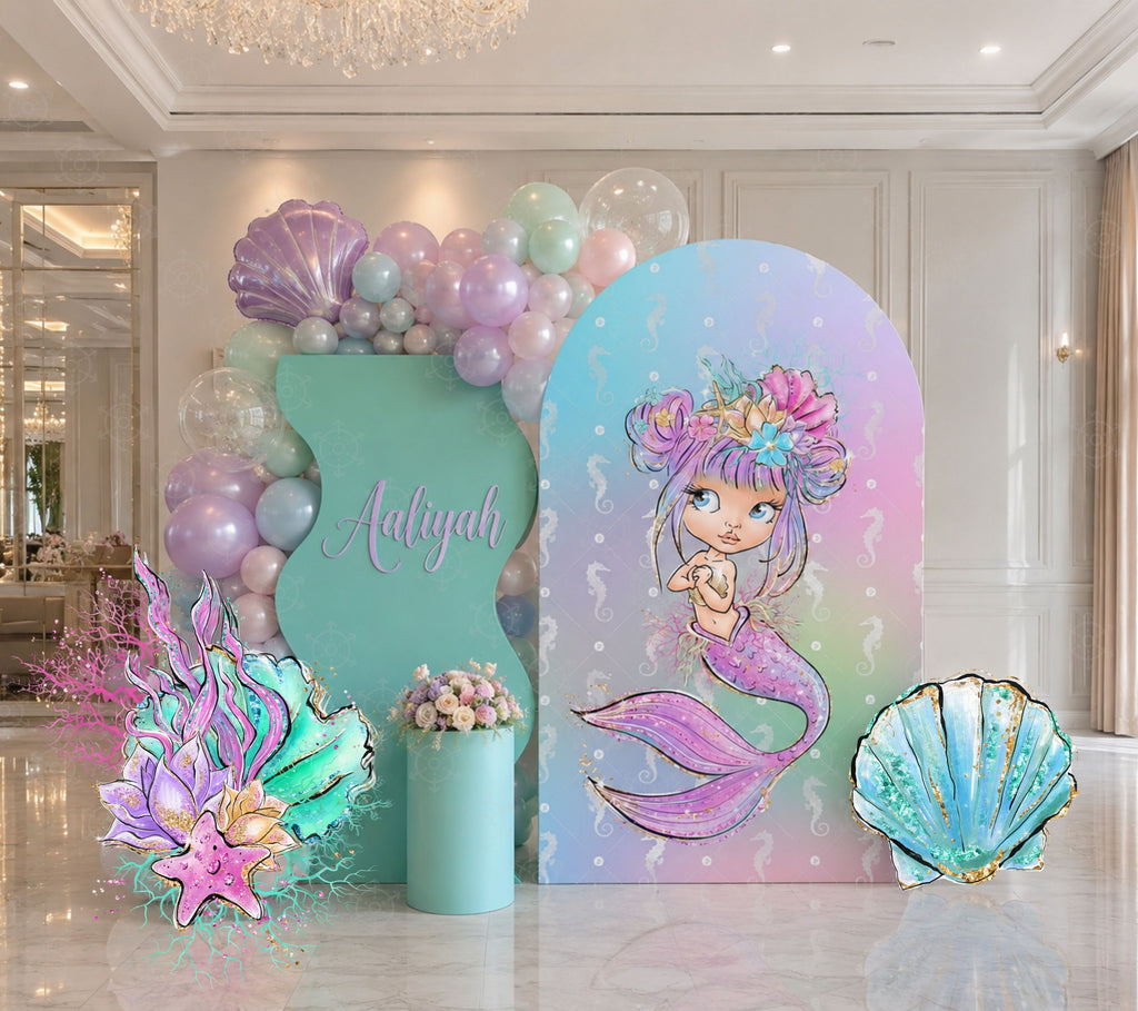Aqua little mermaid birthday backdrop with coordinated pastel panels and under the sea party decor