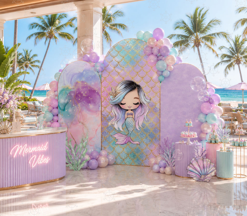 Mermaid birthday backdrop set in pastel pink purple and aqua for an outdoor poolside celebration