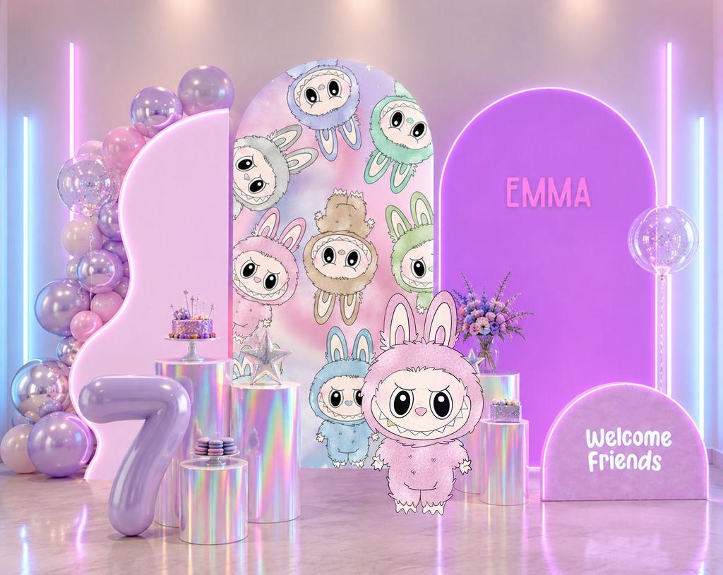 Outdoor cute monster birthday display with pastel balloon garland, layered arch panels and kawaii character cutouts.