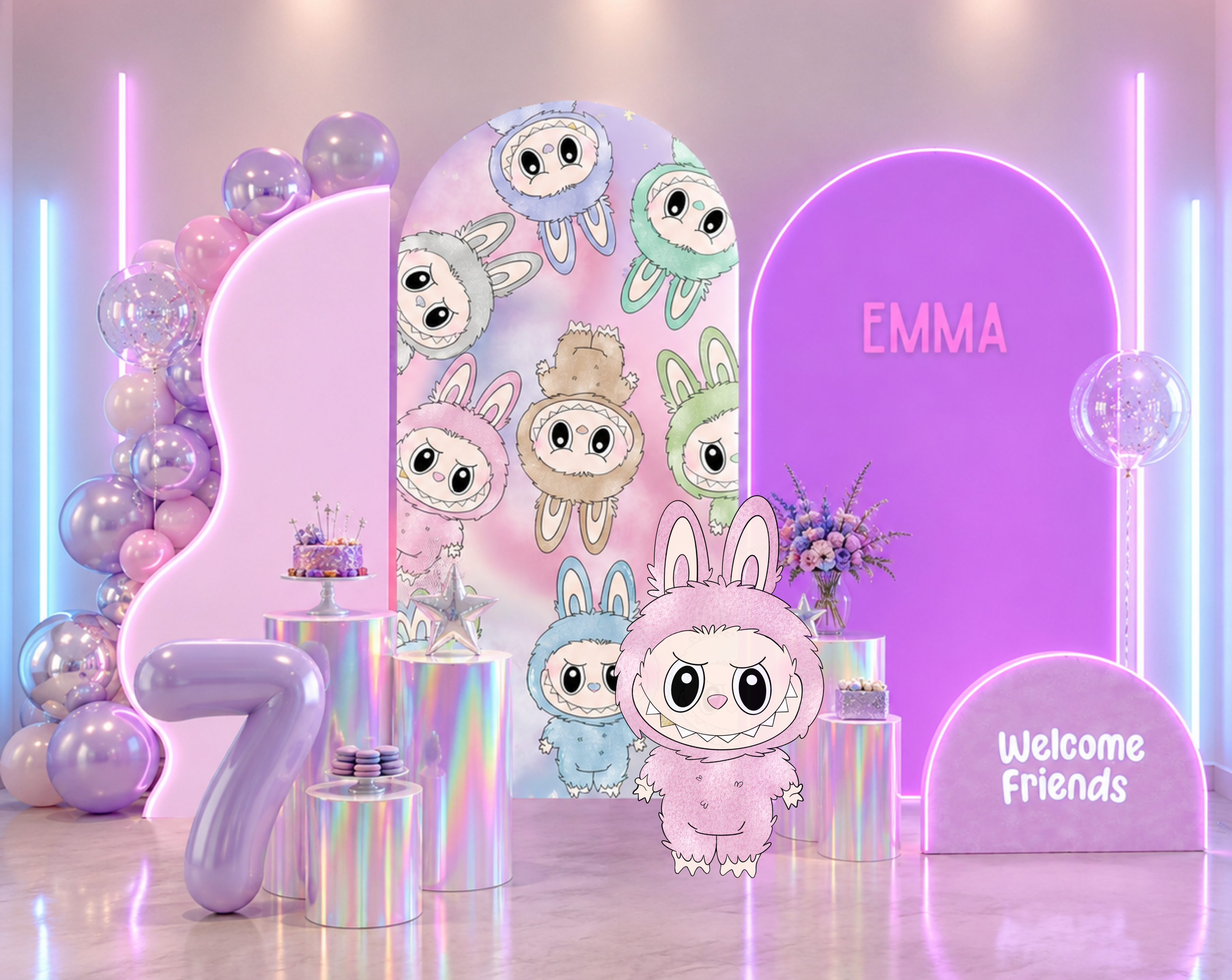 Outdoor cute monster birthday display with pastel balloon garland, layered arch panels and kawaii character cutouts.
