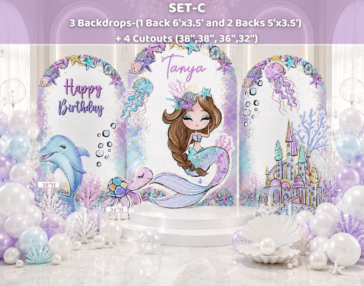 Pastel under the sea birthday backdrop with mermaid design, lavender balloon decor and whimsical ocean party details.