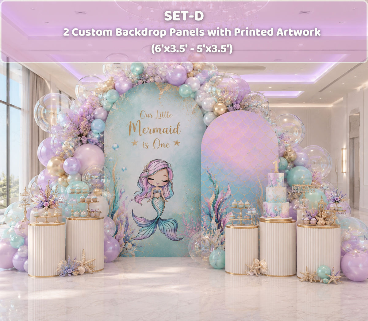 Mermaid birthday party backdrop and character cutouts displayed in a colorful indoor celebration
