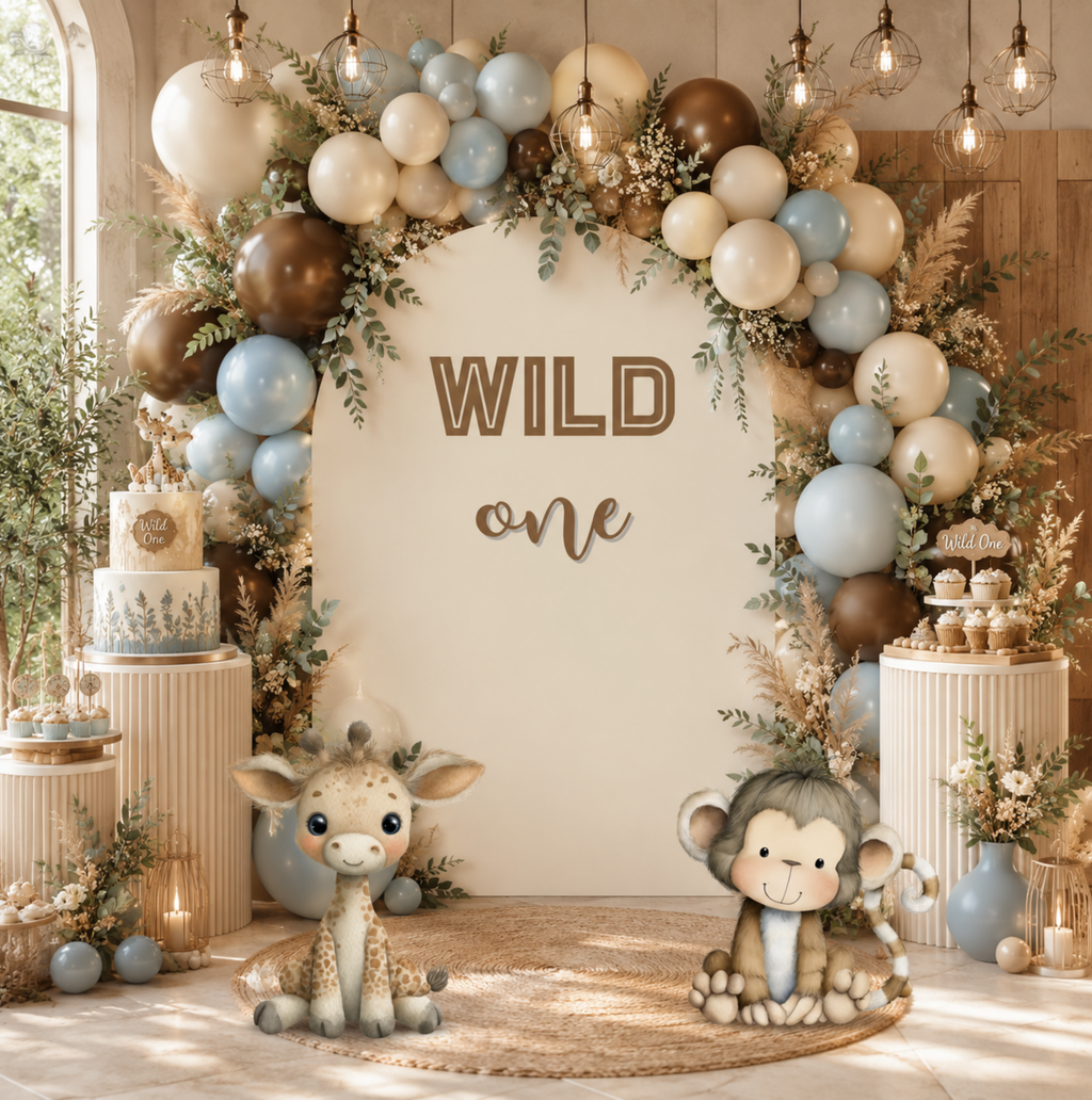 Wild One safari birthday backdrop with earthy balloon decor, jungle animal cutouts and custom party styling for a first birthday celebration.