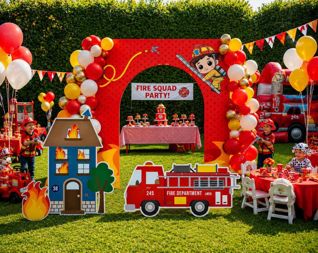 First birthday firefighter backdrop with a light blue arch, red fire truck cutout, balloon clusters and themed party decor.