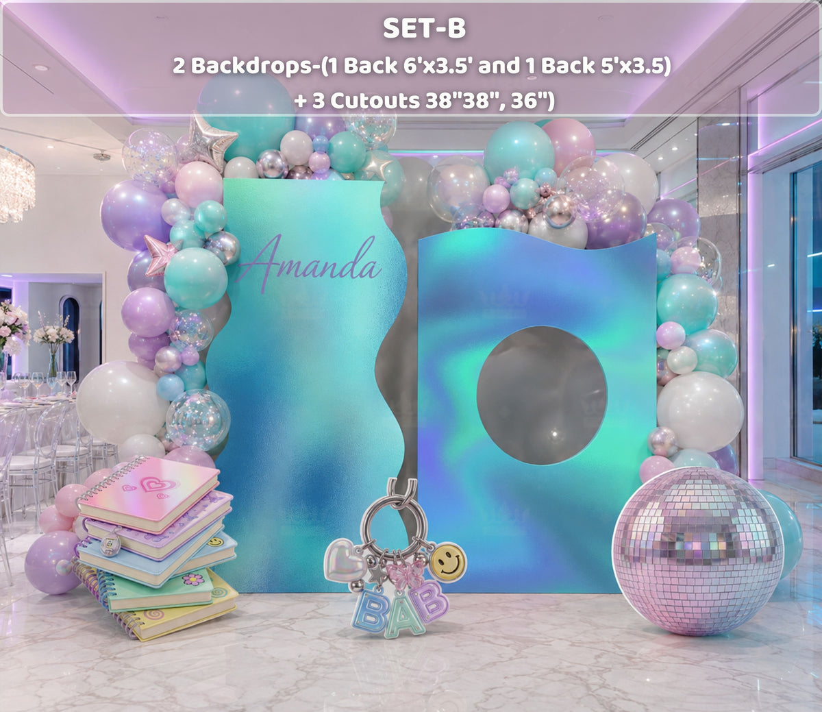 Aqua and purple teen birthday backdrop with modern arch panels, pastel balloons and personalized party decorations.