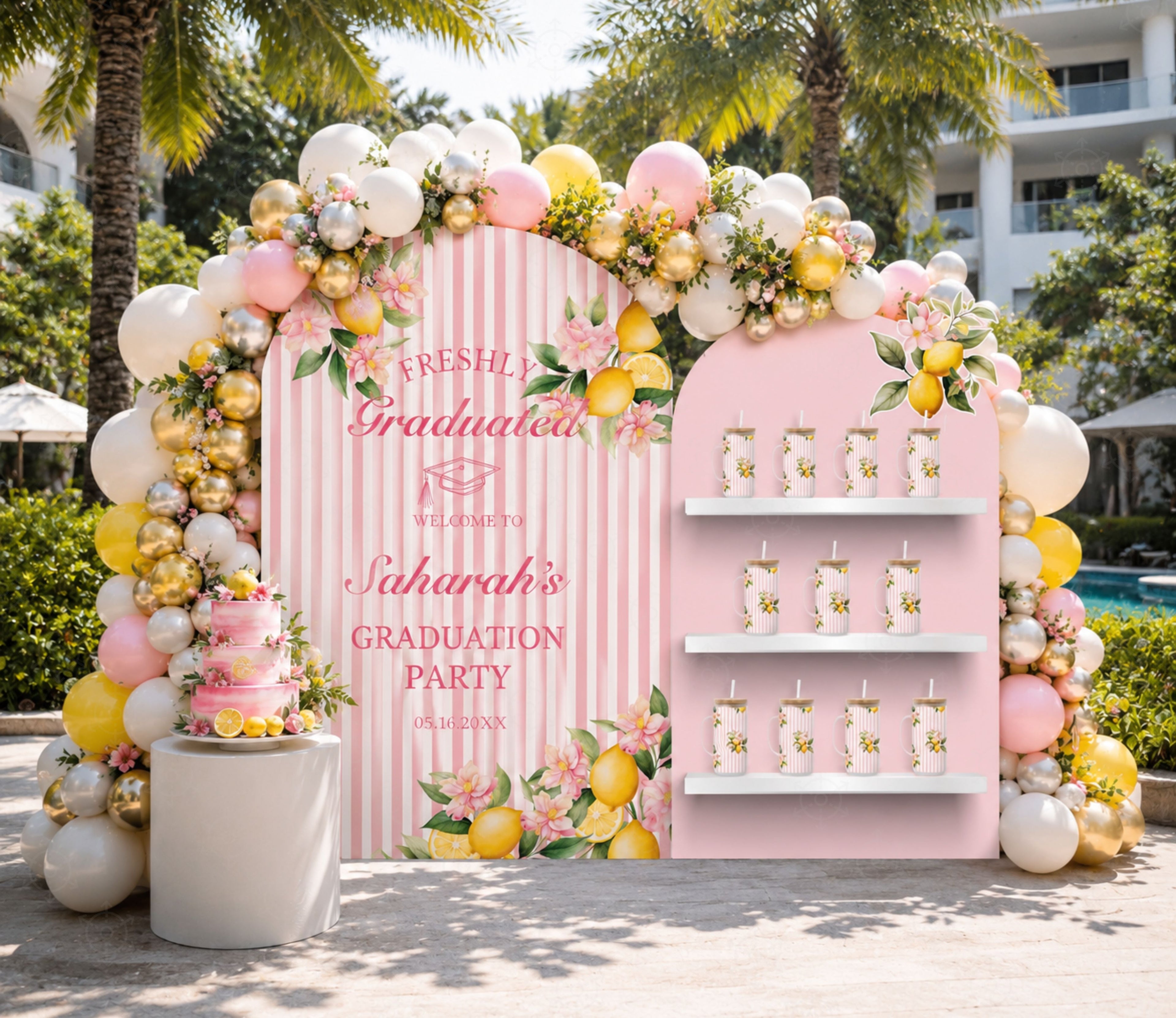 Pink lemon party backdrop with floral garland and personalized birthday decorations