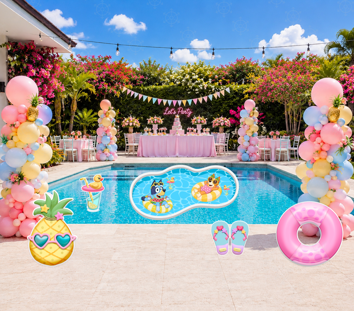 Personalized Blue Puppy Pool Party Backdrop & Cutouts | Summer Birthday Party Decorations