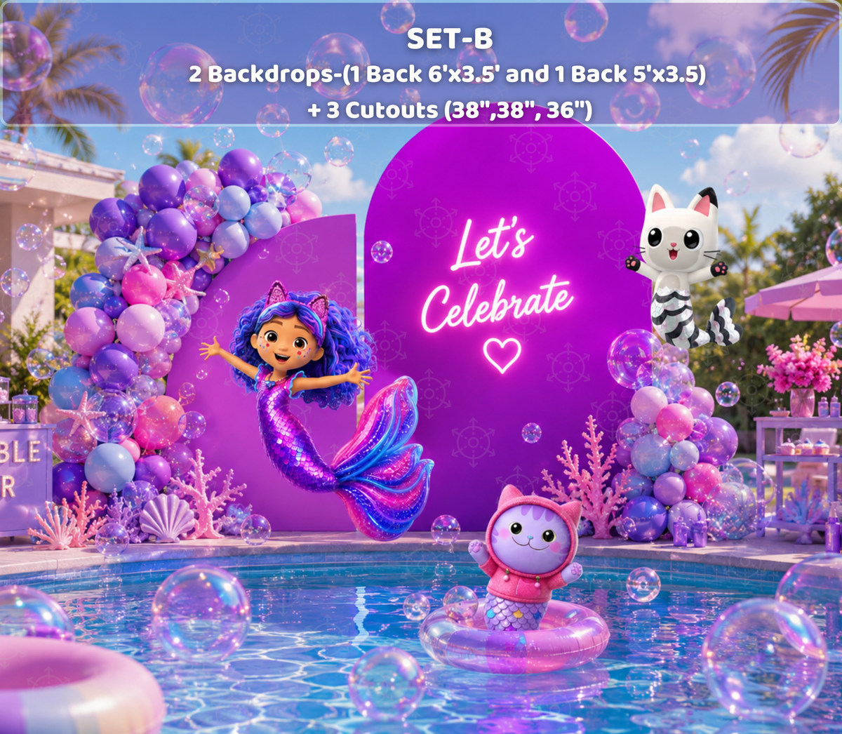 Purple personalized Gabby's Dollhouse mermaid pool party backdrop with colorful character decorations
