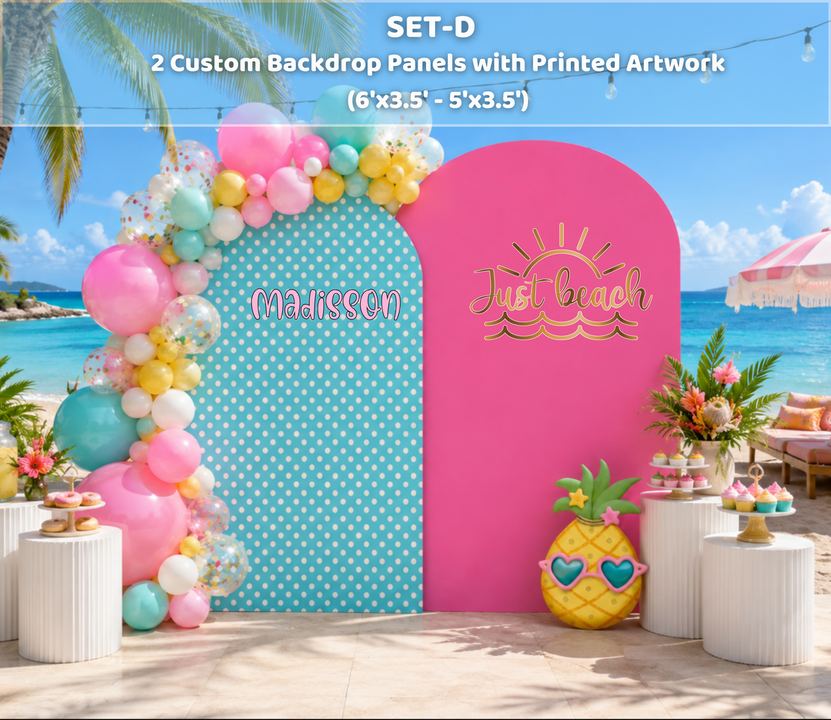 Coral and peach summer party backdrop with tropical leaf details, pool floats and bright kids birthday decorations.