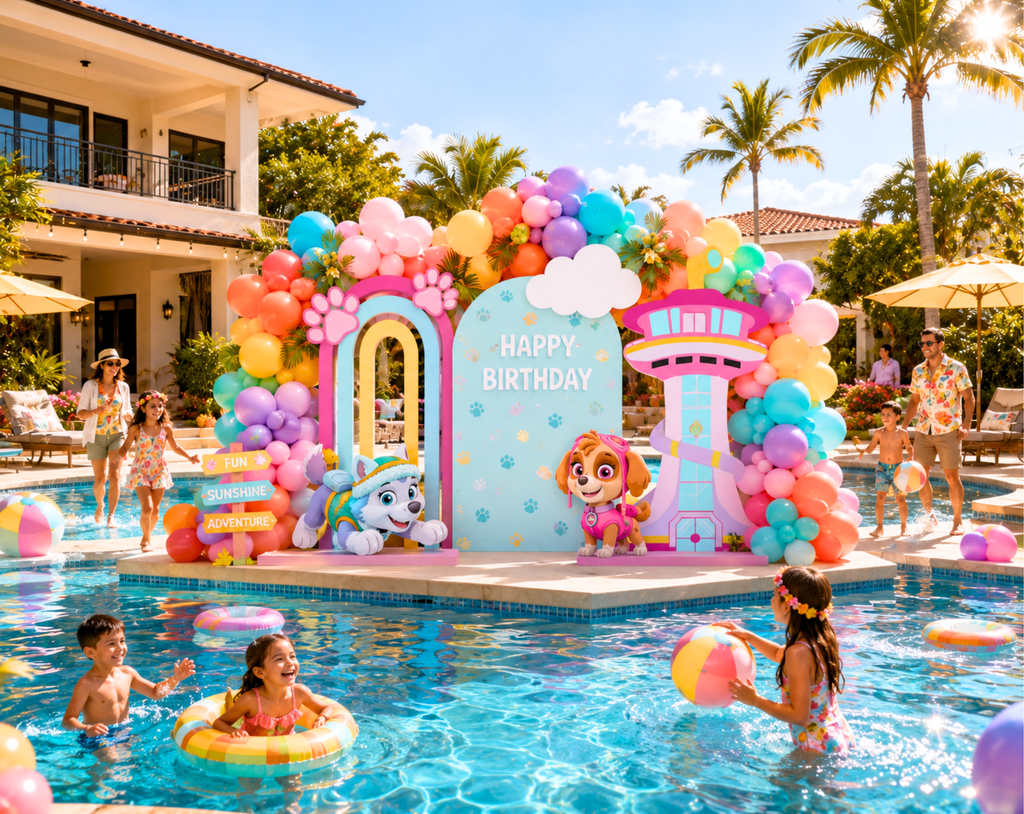 Poolside puppy rescue birthday setup with pastel backdrop panels, built-in party favor shelves and colorful summer party decor.