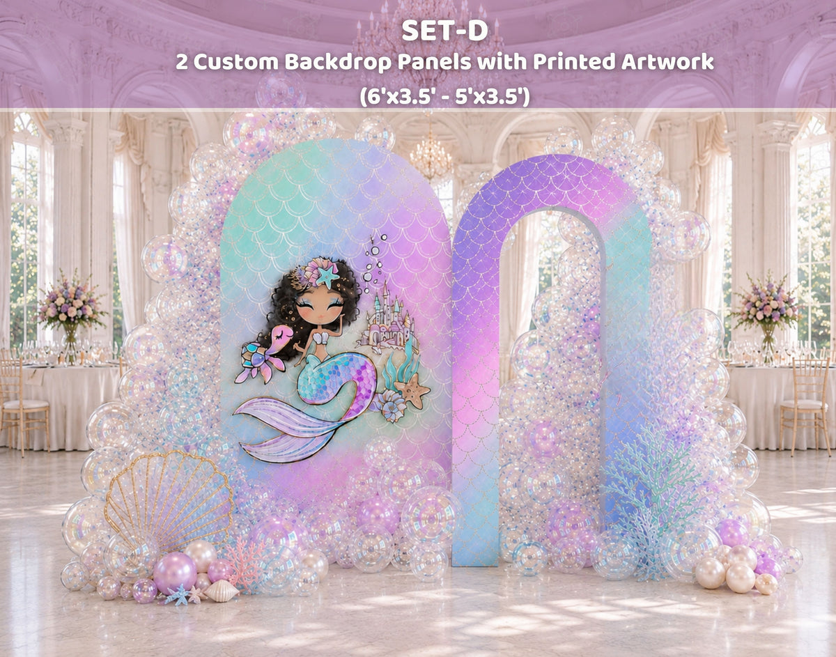 Pink and aqua mermaid birthday backdrop with pastel rainbow arch, balloon accents and personalized under the sea decor.