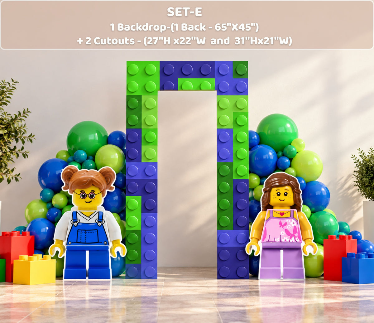 Building block birthday backdrop with bold primary colors, large block inspired panels and festive balloon decor.