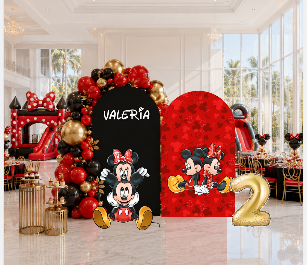 Personalized classic mouse backdrop with black center panel, red side panels and matching character decorations