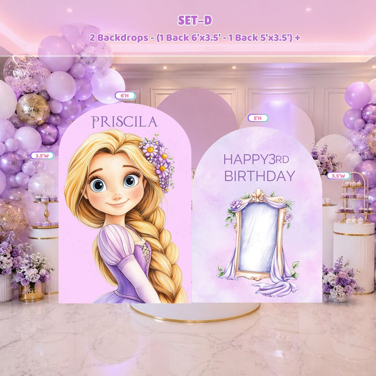 Pastel long hair princess birthday backdrop with character portrait panel, personalized sign and mirror cutout for a girls celebration.