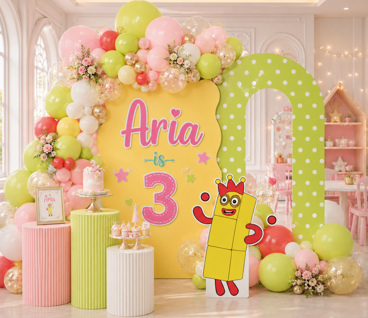 Pink Numberblocks third birthday backdrop with colorful balloons, personalized name and playful number character decorations.