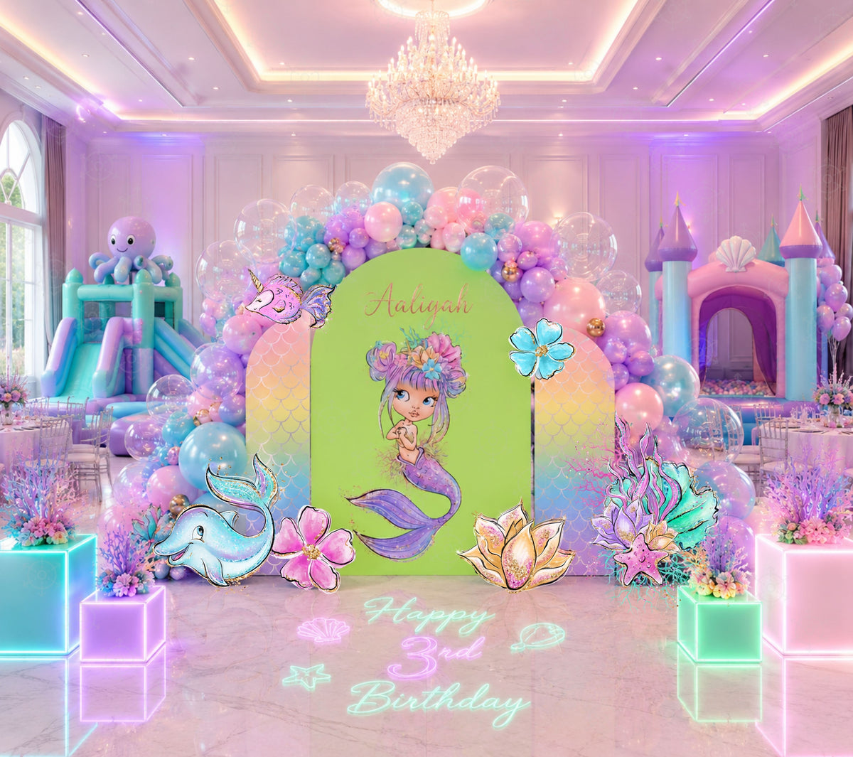 Three pastel little mermaid backdrop panels in aqua, pink and green for an under the sea birthday