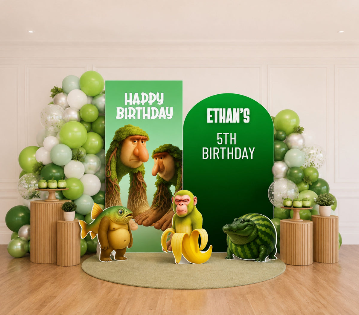 Green Italian Brainrot birthday setup with personalized arch backdrop, colorful balloon accents and funny character cutouts for a meme themed celebration.