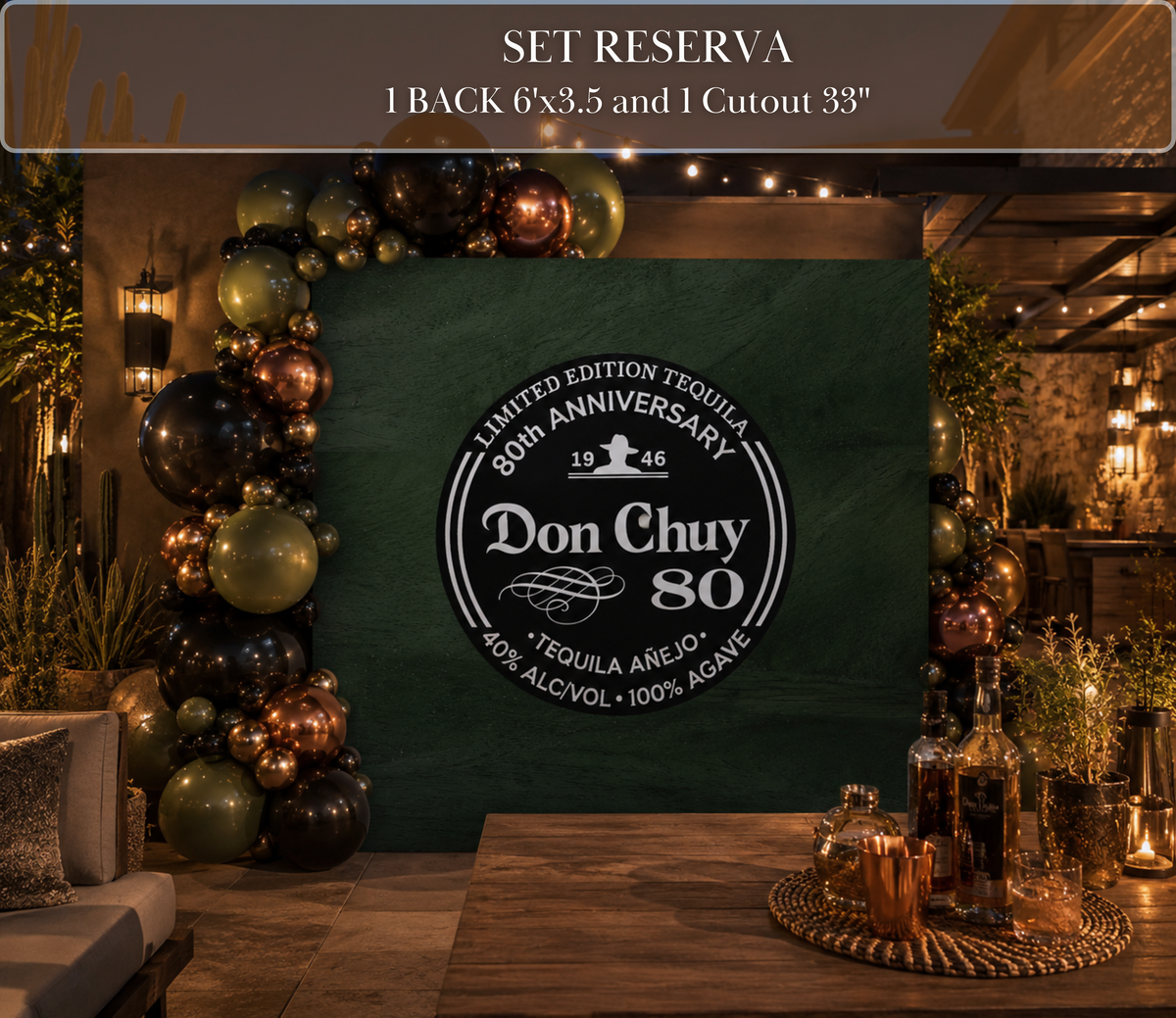 Black personalized tequila bar sign with custom birthday message, agave accents and elegant liquor themed party decor.