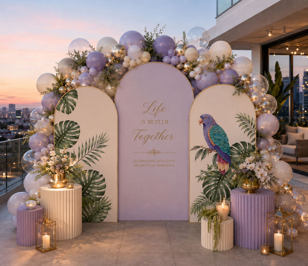 Pastel tropical bird birthday backdrop with parrots, soft florals and elegant party decorations
